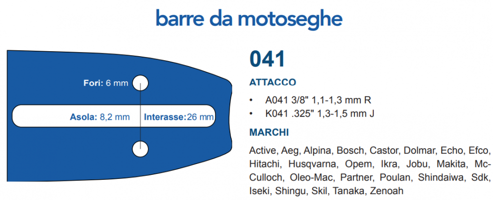 Barra MAYA 3/8P” – 1,3 mm. 45 maglie cm. 30 attacco SHINDAIWA-ECHO 041 Accessori per motosega Memigavi.it