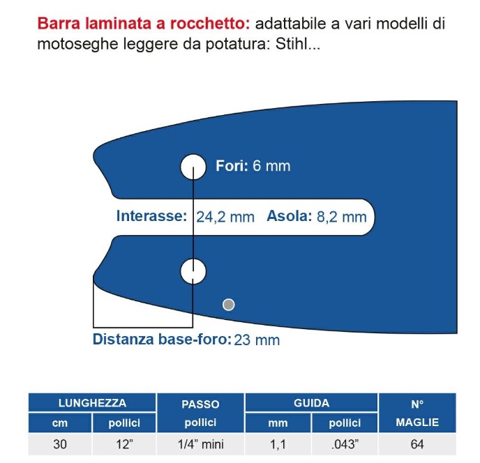Barra MAYA 1/4″ – 1,1 mm. 64 maglie cm. 30 attacco STIHL 074 Accessori per motosega Memigavi.it