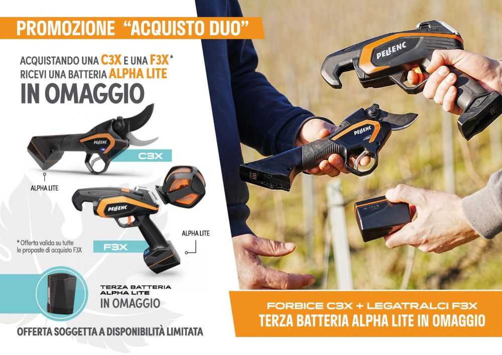 Legatrice Pack F3X V25 + Forbice C3X “PROMO ACQUISTO DUO” terza batteria Alpha Lite in omaggio Pellenc New 2025 !!! Forbici a batteria Pellenc Memigavi.it